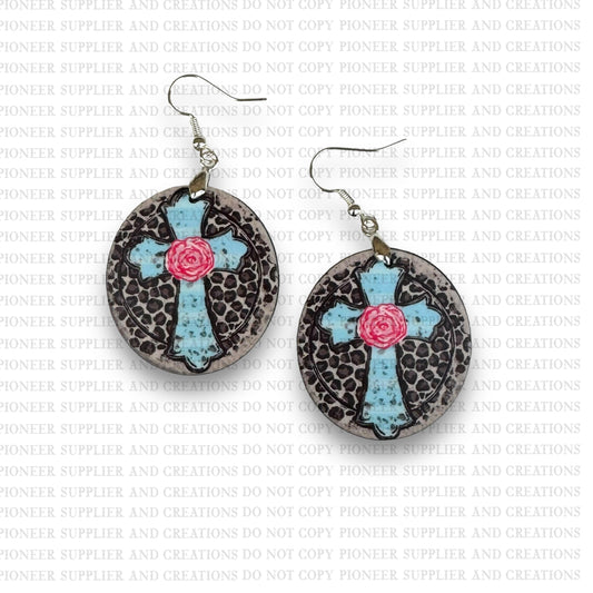 Cheetah Rose Cross Earring Sublimation Blank Kits | Exclusive
