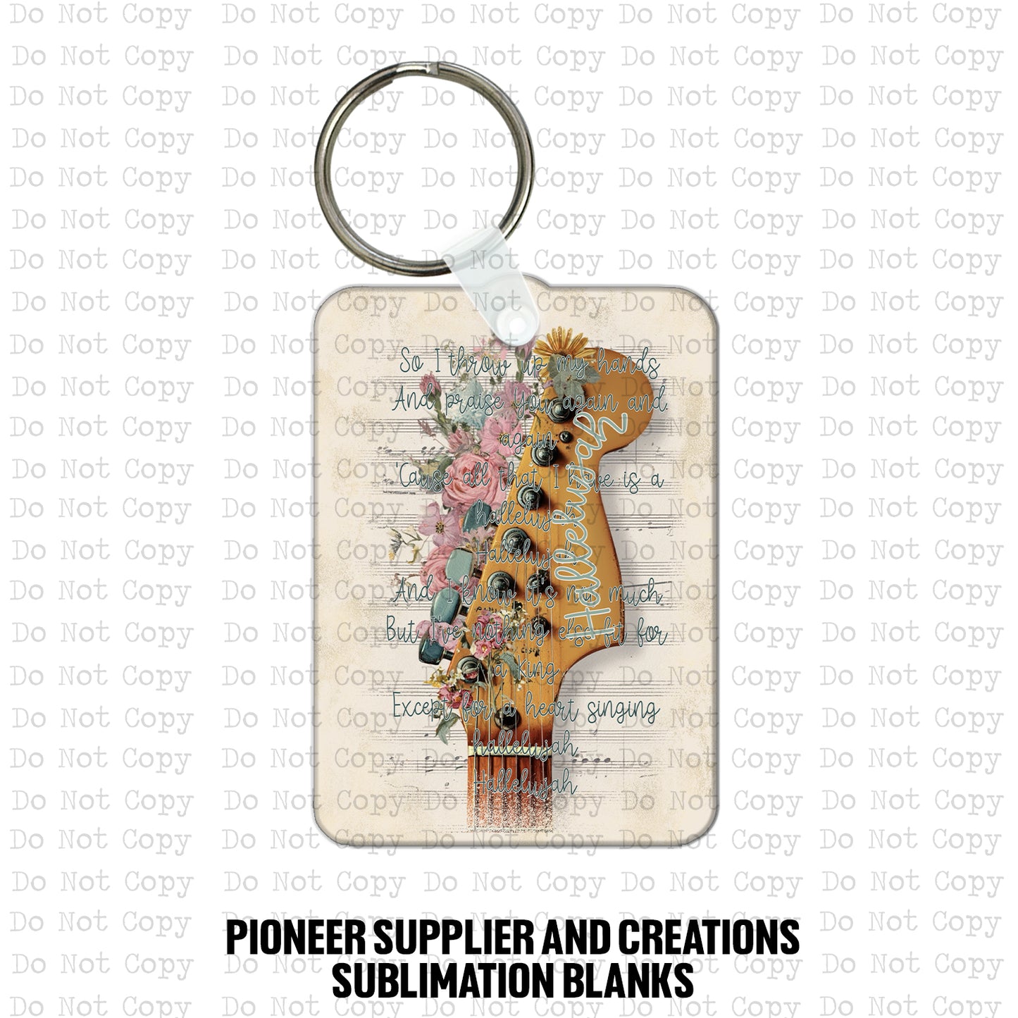 Custom-shaped vertical acoustic guitar MDF wood sublimation keychain blank kit featuring a Christian worship design with roses, and the full text of the Hallelujah lyric, shown with keyring hardware.