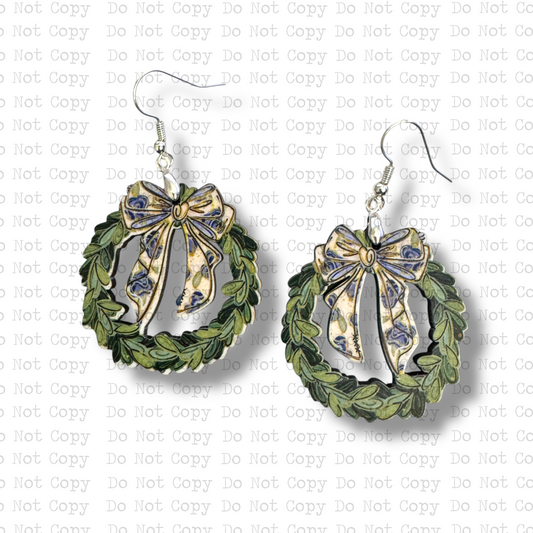 Blue Toile Bow Wreath Earring Sublimation Blank Kit