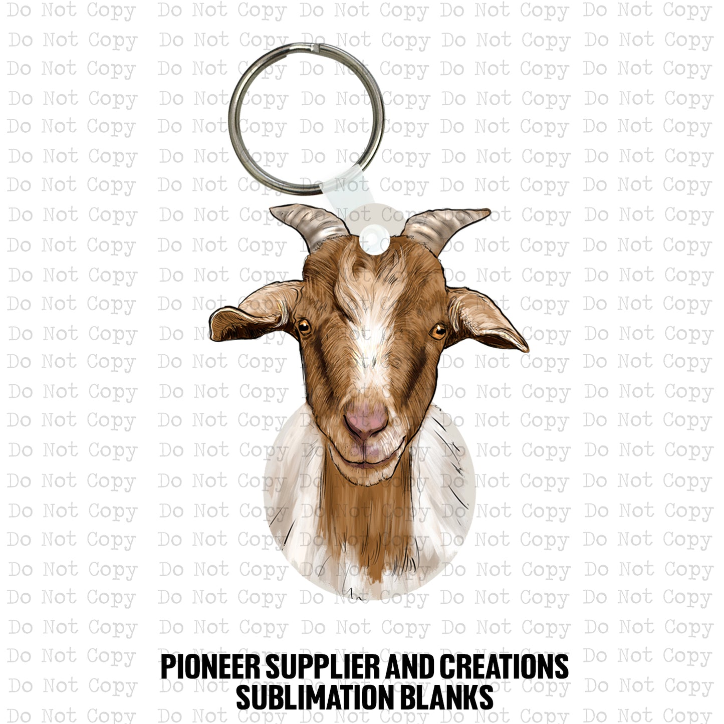 Custom-shaped contoured MDF wood sublimation keychain blank kit featuring a detailed realistic hand-drawn style portrait of a brown and white goat, shown with keyring hardware.