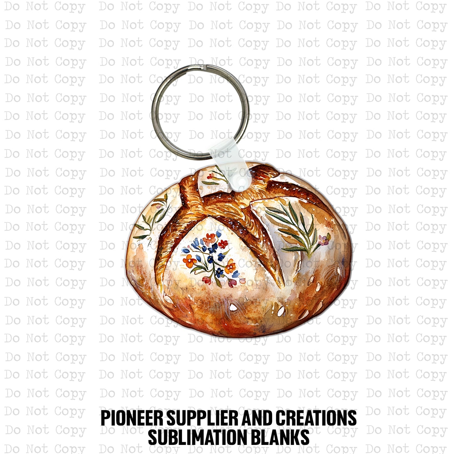 Custom-shaped contoured round loaf MDF wood sublimation keychain blank kit featuring a watercolor sourdough bread design with scored crust and blue wildflowers, shown with keyring hardware.