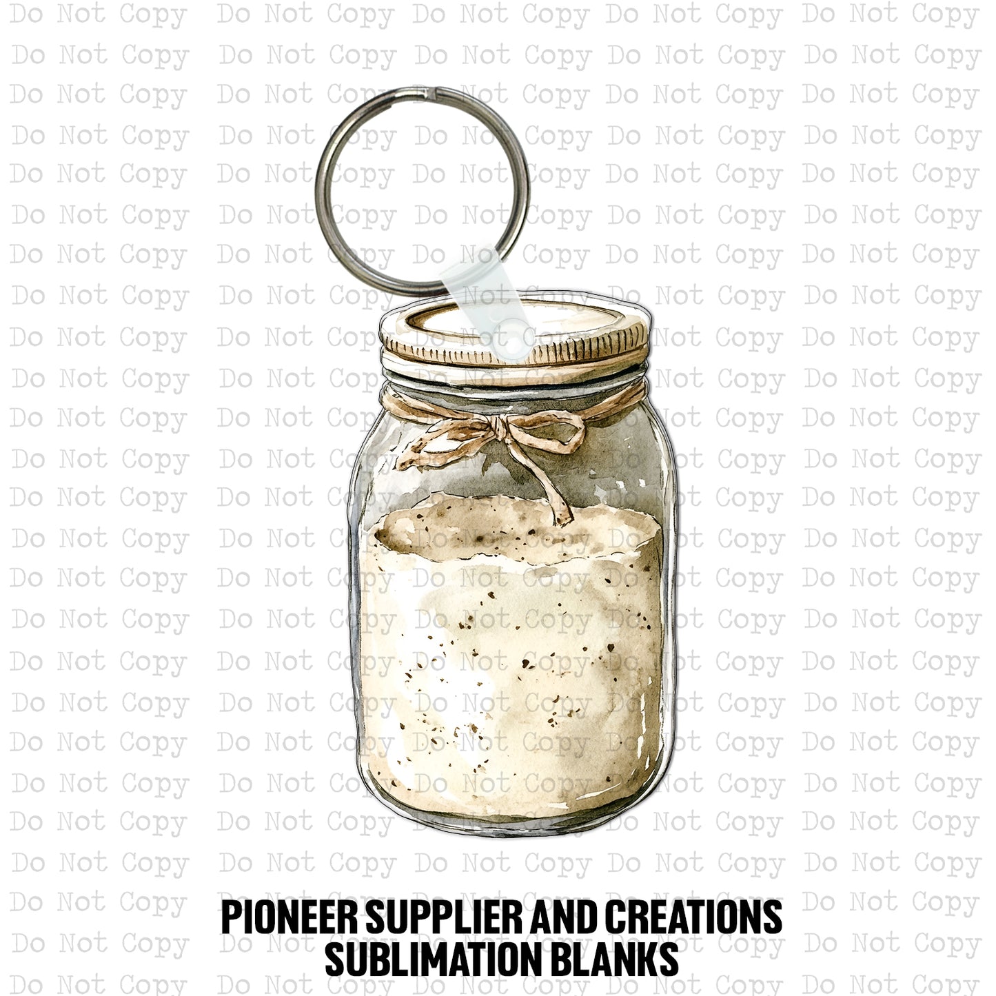 Custom-shaped contoured vertical mason jar MDF wood sublimation keychain blank kit featuring a watercolor sourdough starter jar design with a twine bow, shown with keyring hardware.