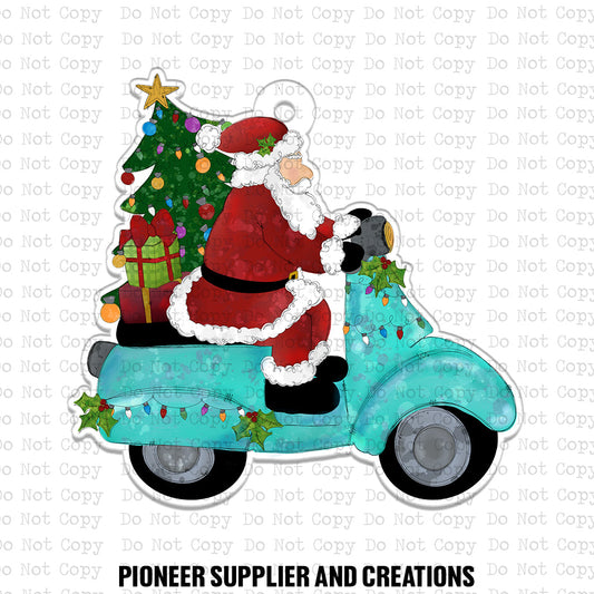 Teal Moped Santa Ornament Sublimation Blank