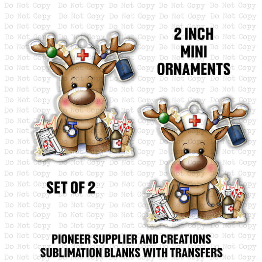 Reindeer Nurse Mini Ornaments Sublimation Blank | Set of 2