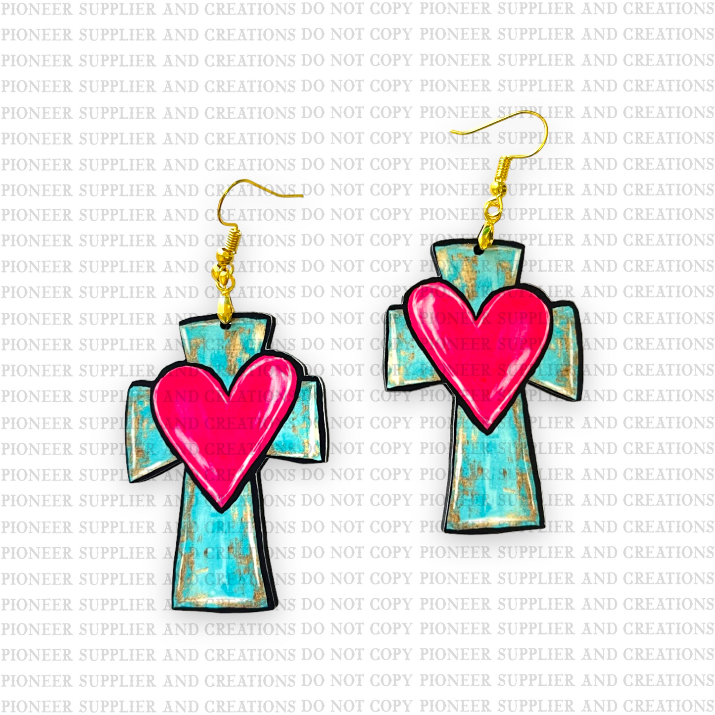 Turquoise Cross Heart Earring Sublimation Blanks | Exclusive Alicia Ray Art
