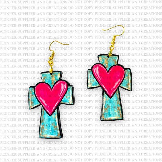 Turquoise Cross Heart Earring Sublimation Blanks | Exclusive Alicia Ray Art