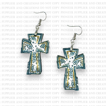 Blue and White Cross Earring Sublimation Blanks | Exclusive Graphx & More