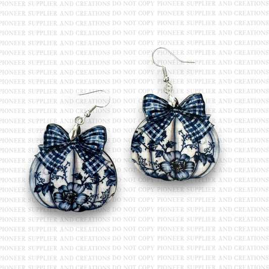 Blue Floral Pumpkin Earring Sublimation Blank Kits w/ transfers and hardware) | Exclusive