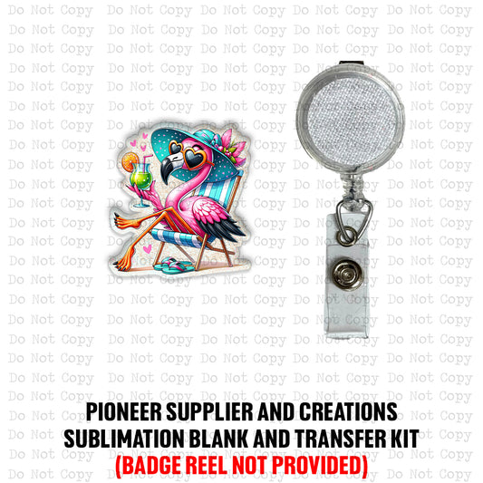 Sunbathing Flamingo Badge Reel Sublimation Blanks