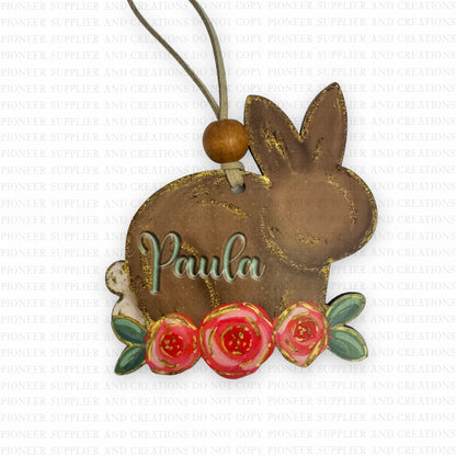 Floral Hand Drawn Bunny Ornament Tag Sublimation Blank with NAME TRANSFER OPTION | Exclusive Alicia Ray Art