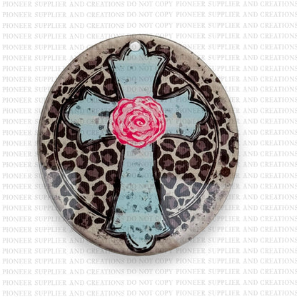 Cheetah Rose Cross Ornament Sublimation Blank with TRANSFER| Acrylic Exclusive