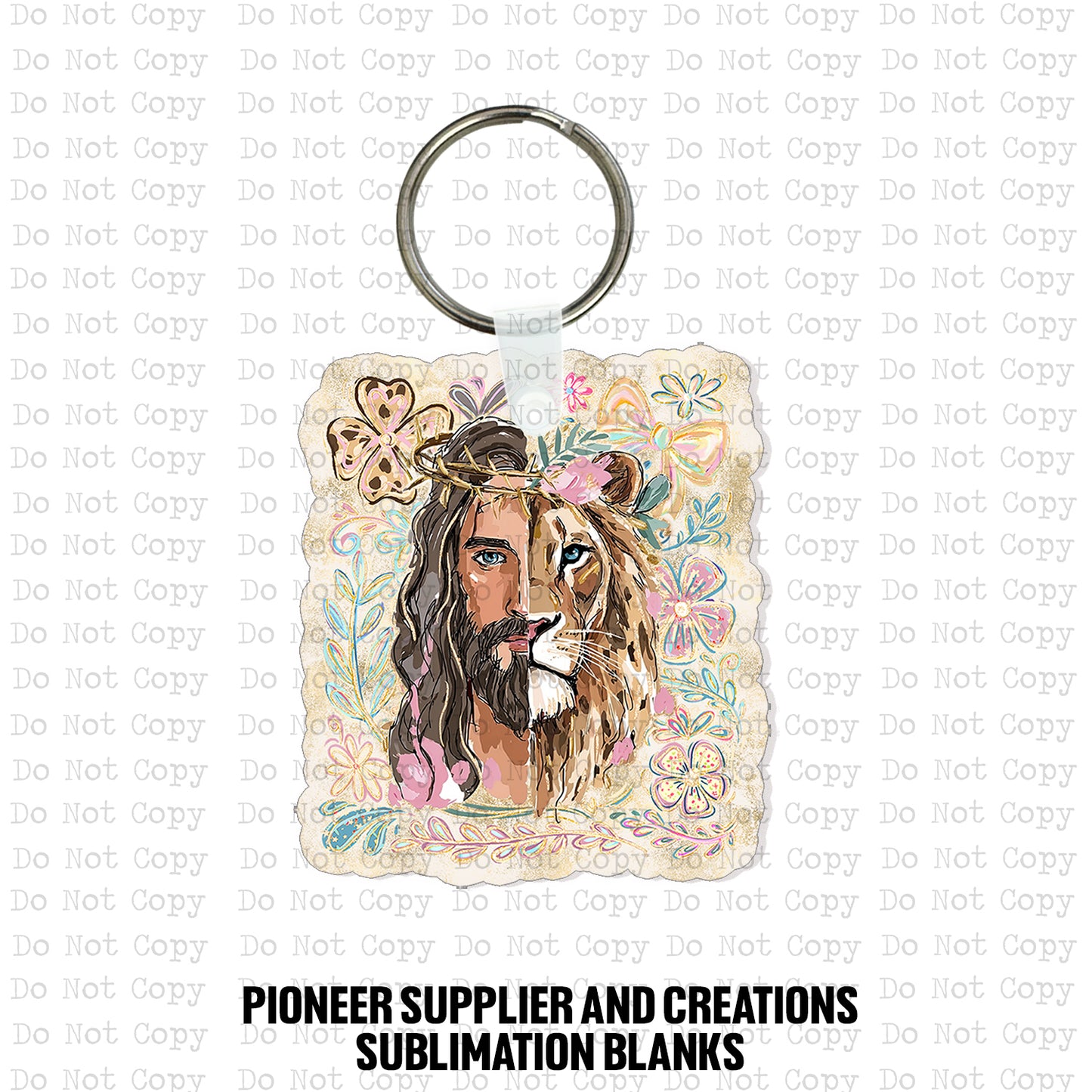 Square MDF wood sublimation keychain blank kit featuring a detailed Christian split-face illustration of Jesus and a lion surrounded by colorful retro flowers and a cross, shown with keyring hardware.