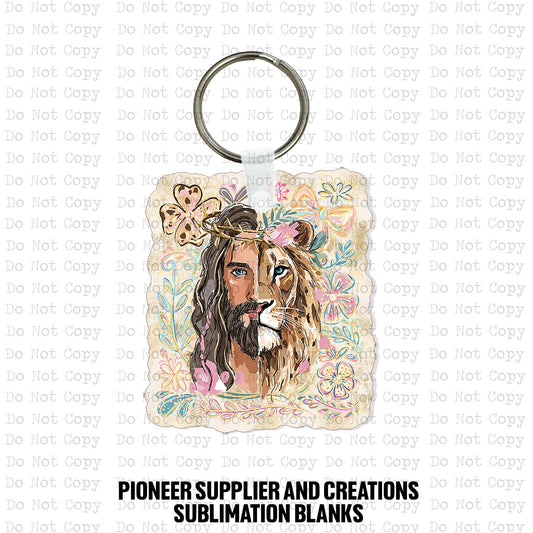 Square MDF wood sublimation keychain blank kit featuring a detailed Christian split-face illustration of Jesus and a lion surrounded by colorful retro flowers and a cross, shown with keyring hardware.