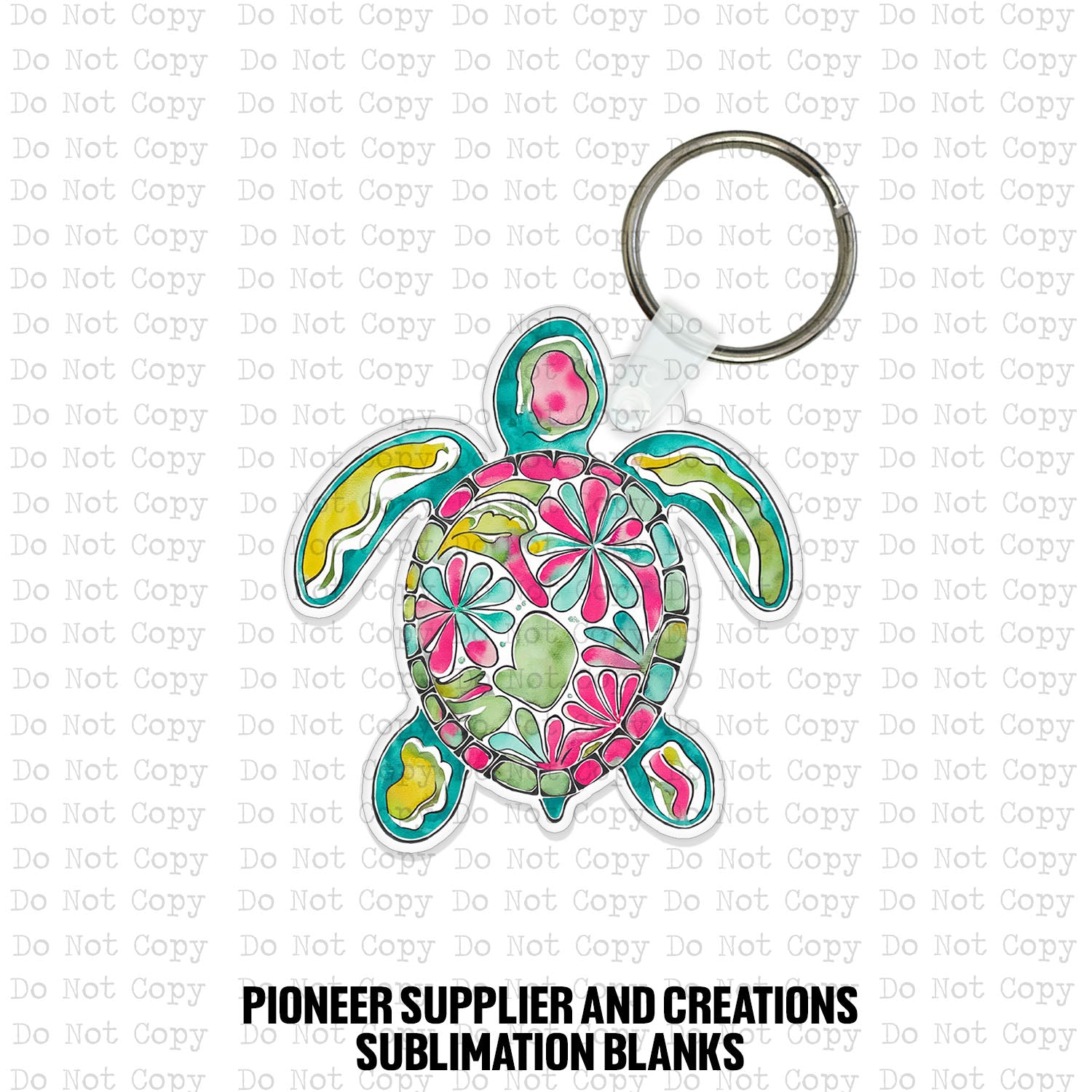 Custom-shaped contoured MDF wood sublimation keychain blank kit featuring a colorful sea turtle illustration filled with vibrant tropical pink flowers and teal accents, shown with keyring hardware.