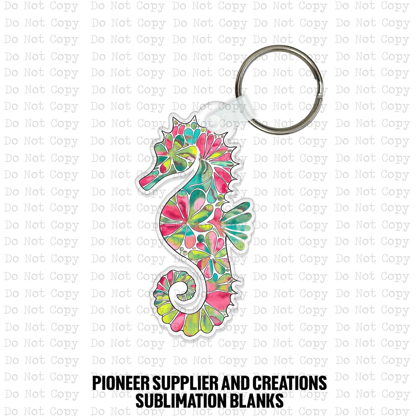 Custom-shaped contoured MDF wood sublimation keychain blank kit featuring a colorful seahorse illustration filled with vibrant tropical flowers, pink watercolor tones, and teal accents, shown with keyring hardware.