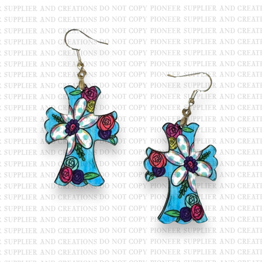 Blue Floral Cross Earring Sublimation Blanks | Exclusive Alicia Ray Art