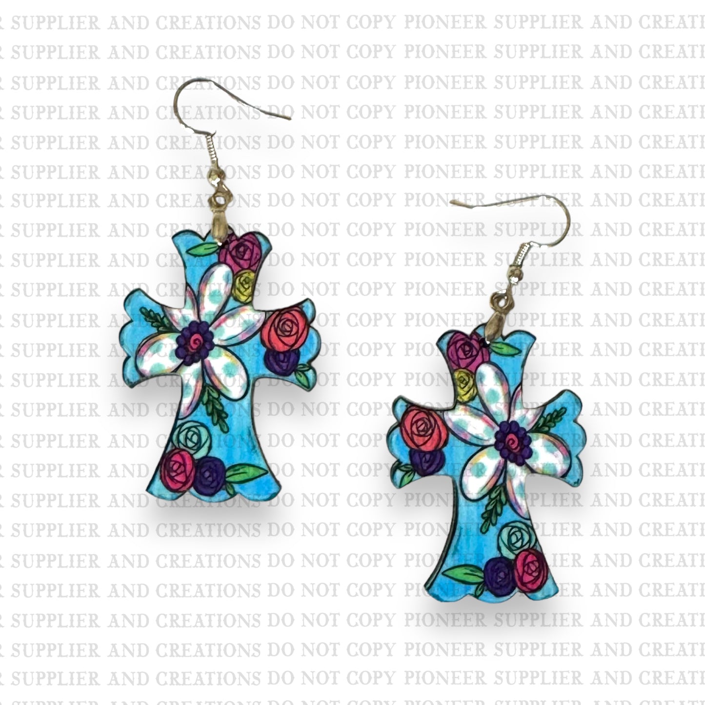 Blue Floral Cross Earring Sublimation Blanks | Exclusive Alicia Ray Art