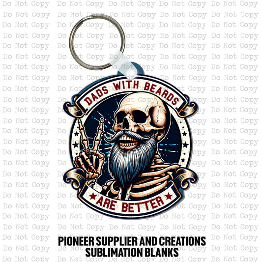 Custom-shaped contoured circular badge MDF wood sublimation keychain blank kit featuring a biker style skull with a grey beard and banners that read Dads With Beards Are Better, shown with keyring hardware.