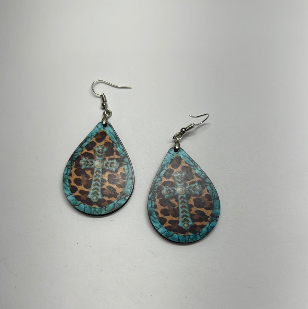 Leopard Teal Cross Teardrop Finished Earring