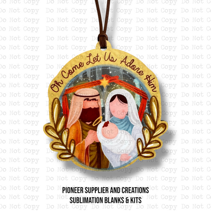 Oh Come Let Us Adore Him Floral Ornament Sublimation Blank