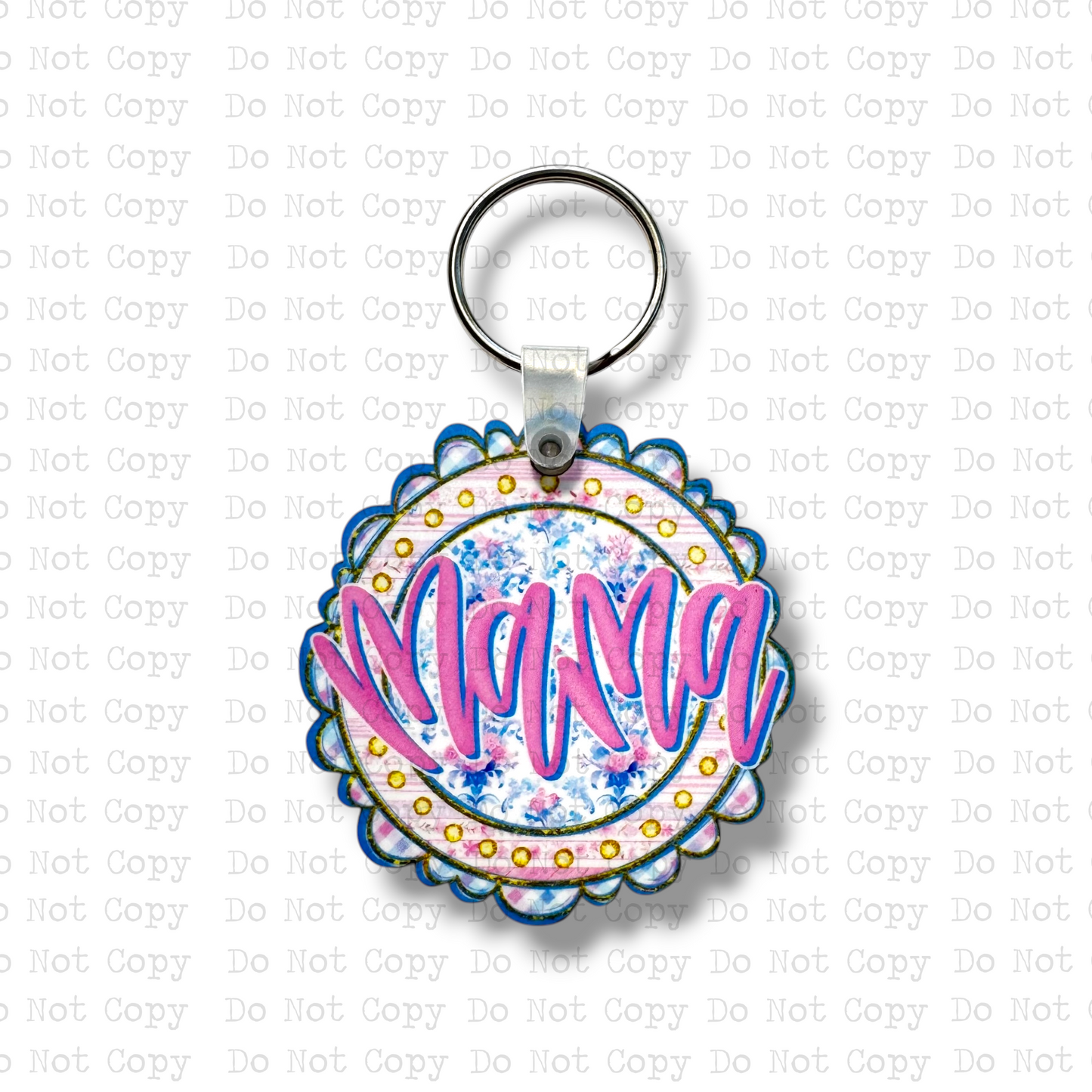 Custom-shaped contoured scalloped round MDF wood sublimation keychain blank kit featuring a Western style floral circle design with the text Mama in hot pink script, shown with keyring hardware.