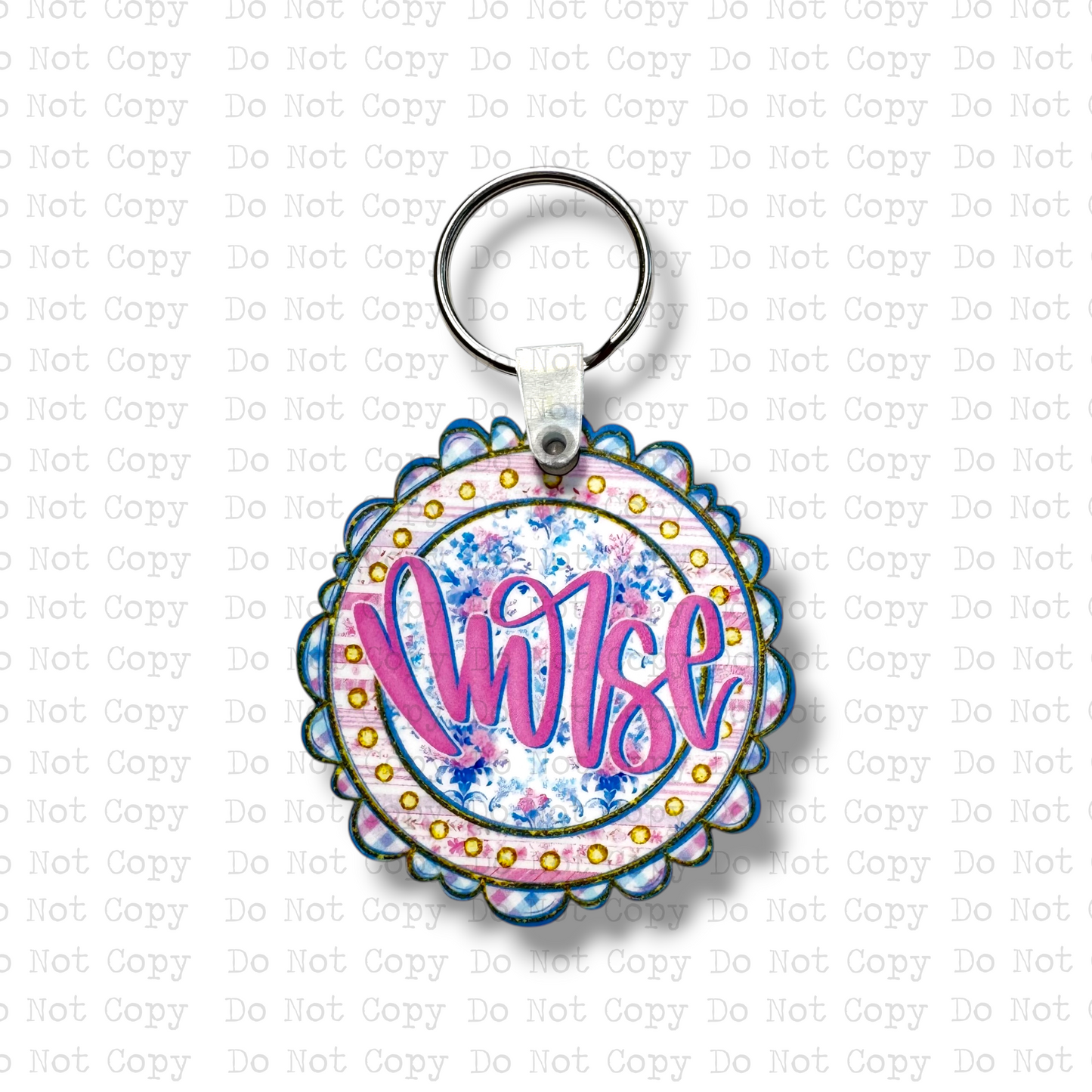 Custom-shaped contoured scalloped round MDF wood sublimation keychain blank kit featuring a floral circle design with the text Nurse in hot pink script, shown with keyring hardware.
