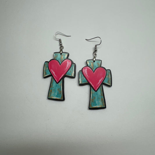 Teal Cross Pink Heart Finished Earring