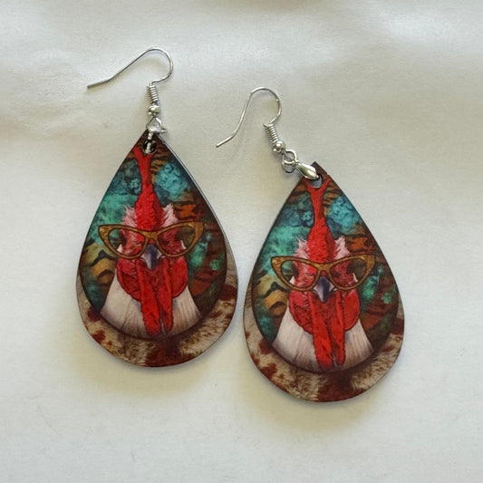 Pointed Glasses Rooster Teardrop Finished Earring
