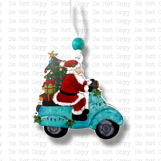 Teal Moped Santa Ornament Sublimation Blank