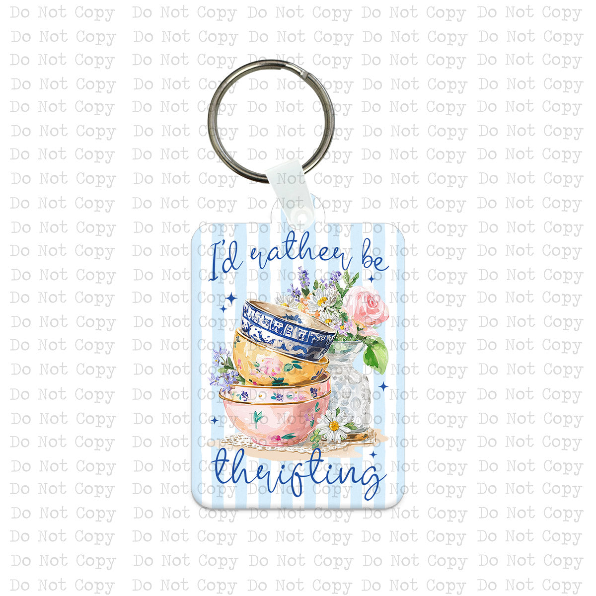 Custom-shaped contoured vertical MDF wood sublimation keychain blank kit featuring a watercolor design of stacked antique teacups and the text I'd rather be thrifting, shown with keyring hardware.