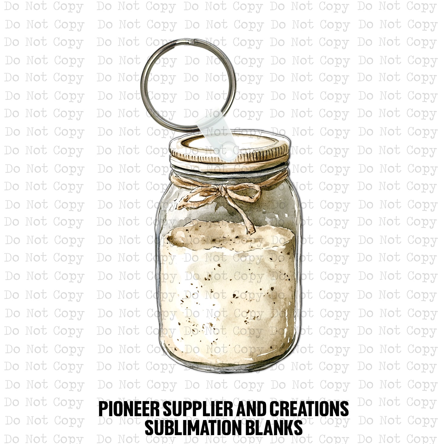 Custom-shaped contoured vertical mason jar MDF wood sublimation keychain blank kit featuring a watercolor sourdough starter jar design with a twine bow, shown with keyring hardware.