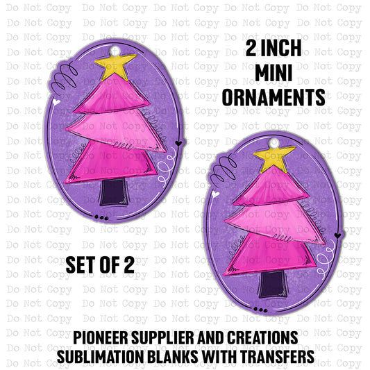 Pink and Purple Christmas Tree Mini Ornaments Sublimation Blank | Set of 2