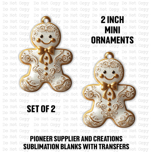 Gold and White Gingerbread Mini Ornaments Sublimation Blank | Set of 2