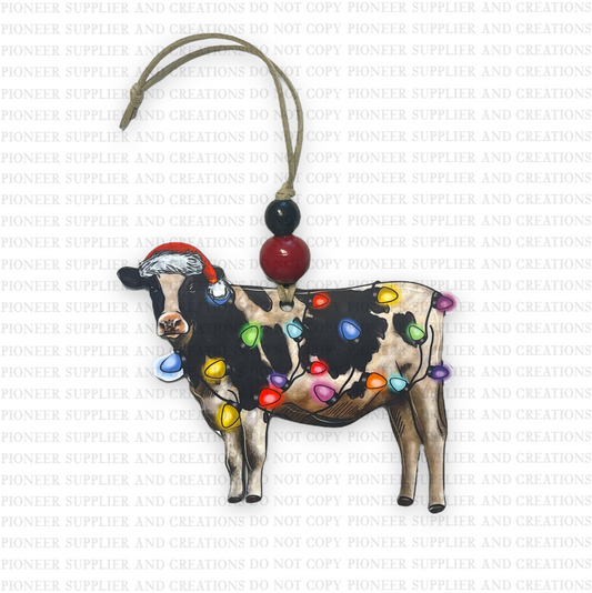 Christmas Lights Cow Shaped Ornament Sublimation Blank | Exclusive Raccoon Design