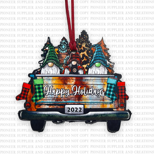 Gnome Happy Holidays Truck Shaped Ornament Sublimation Blank | Exclusive Raccoon Design